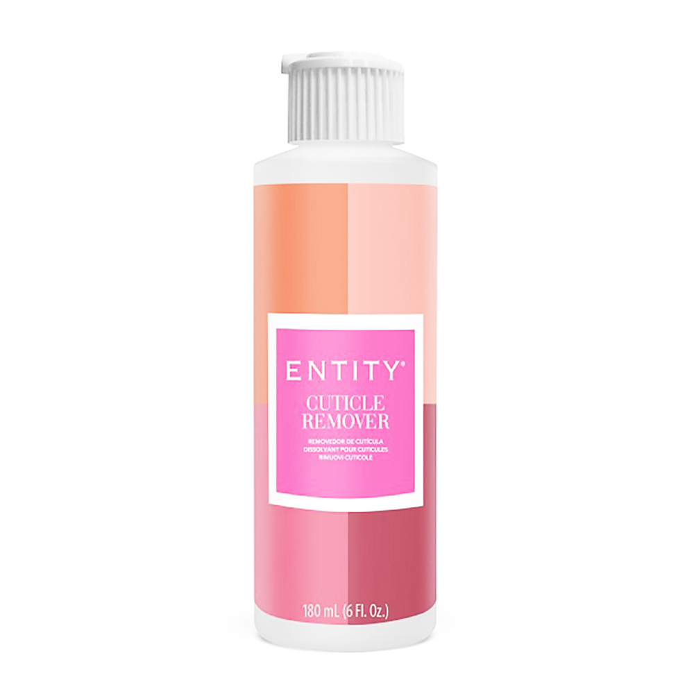 Entity Cuticle Remover 180 ml (6 fl oz) salon-size refill bottle with white flip-top cap and pink gradient label.