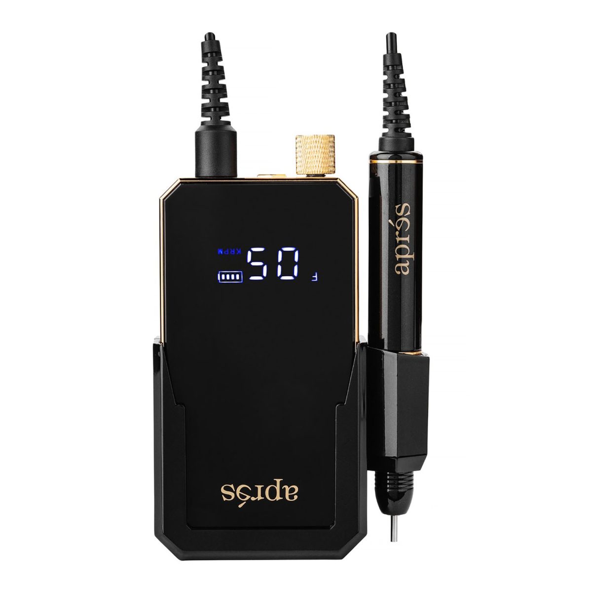 Black and gold rechargeable Apres E-File professional nail drill standing next to its lightweight handpiece resting on a black holder.