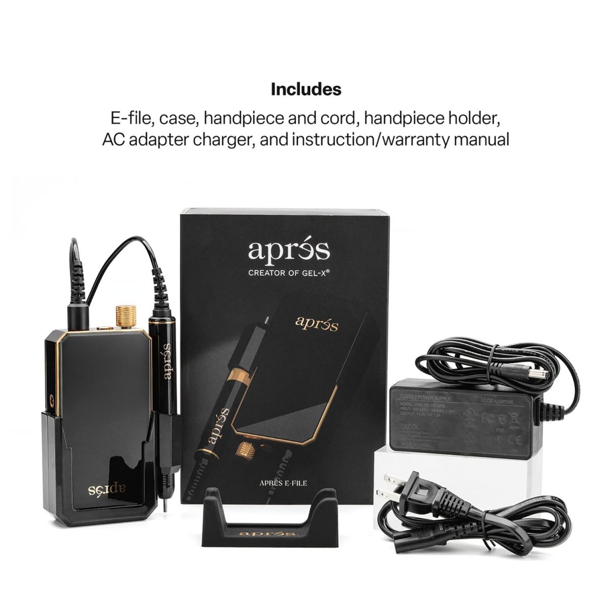 The complete Aprés E-File kit including the black cordless electric nail file, handpiece, charging adapter, holder, and protective carrying case.