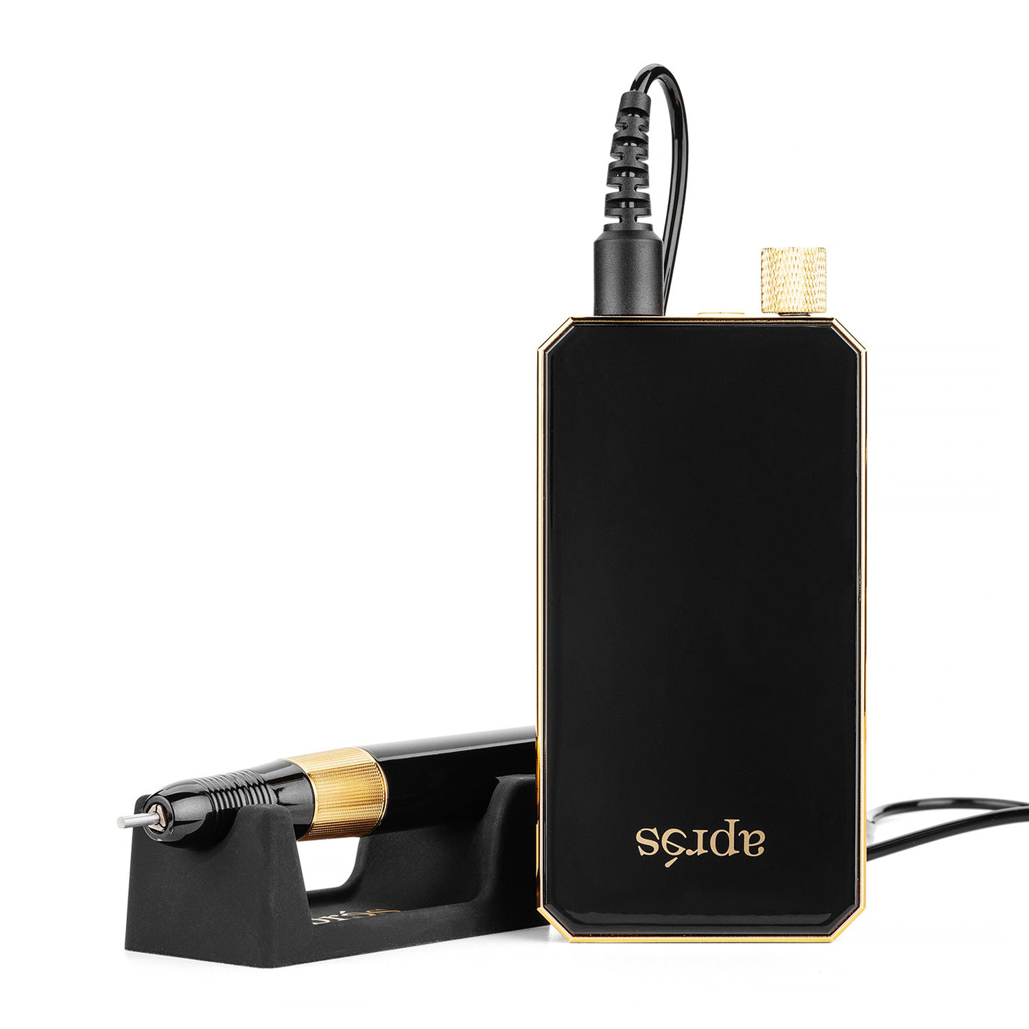 Front view of the black Apres professional electric nail file displaying its digital LED screen with a speed control knob and docked handpiece.