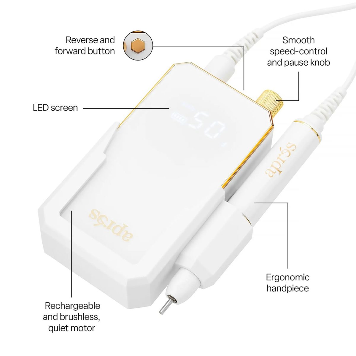 Diagram of the white Apres electric nail file showing features like the LED screen, brushless motor, reverse button, and ergonomic handpiece.