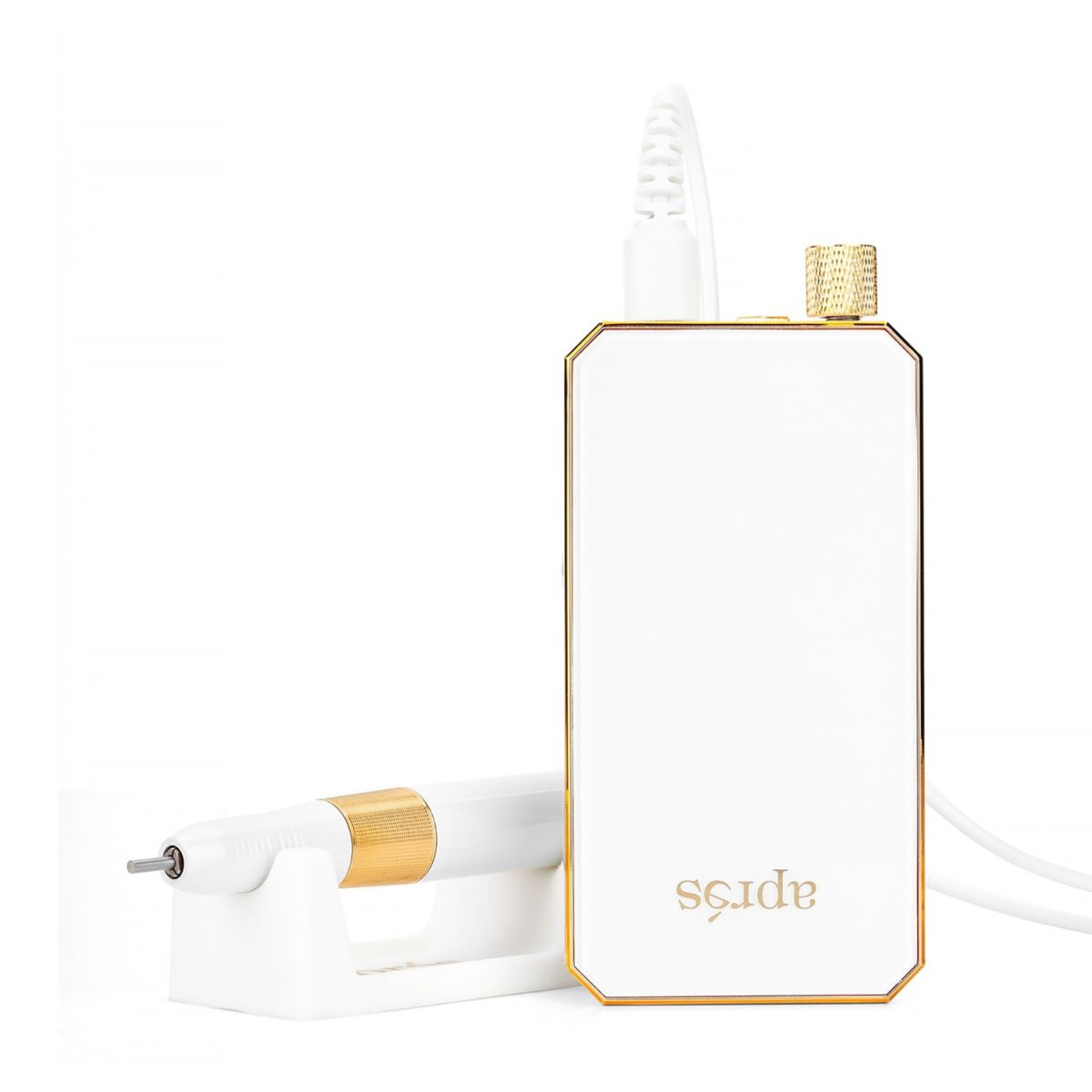 White and gold cordless Aprés E-File professional nail drill with its matching lightweight ergonomic handpiece placed in a white stand.