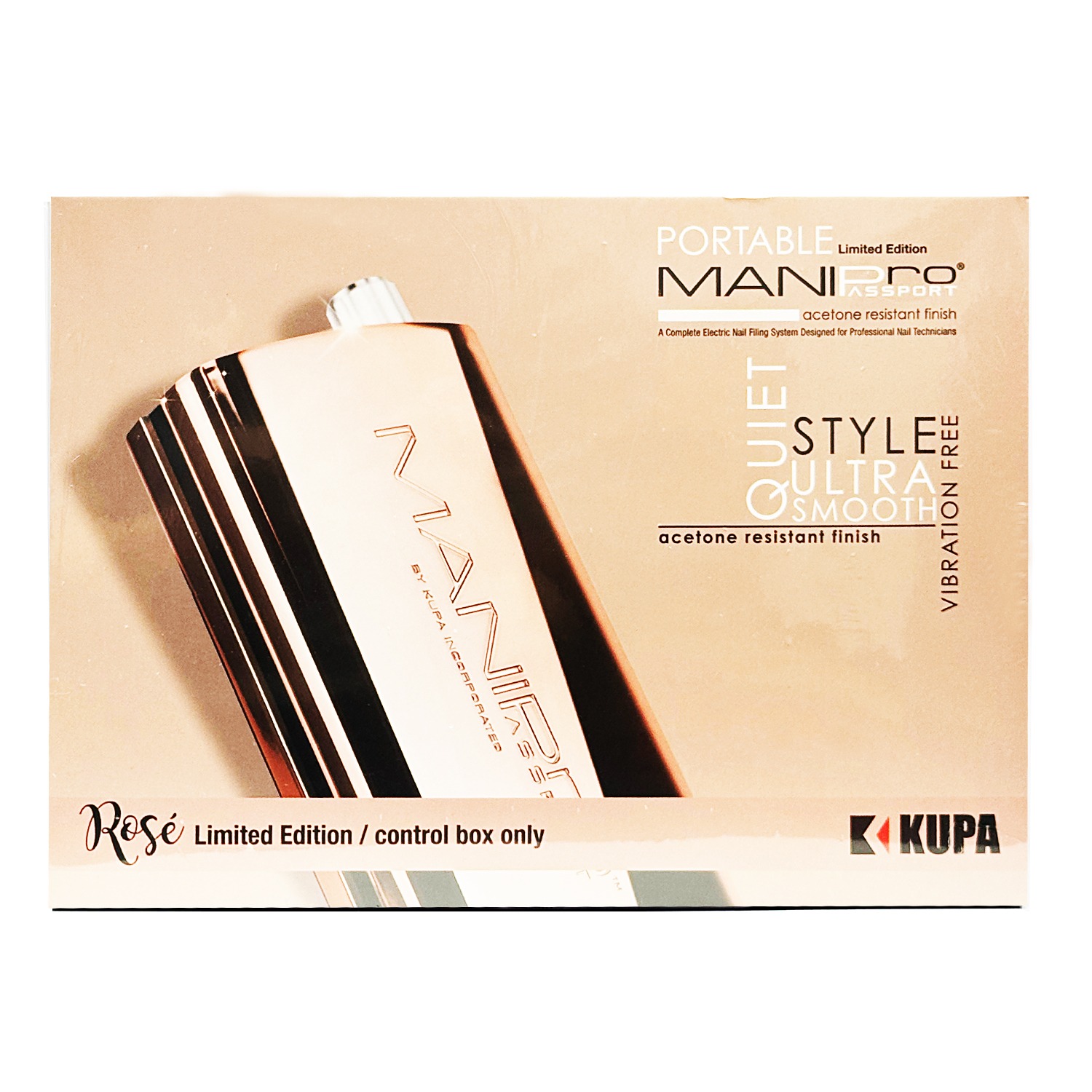 Kupa ManiPro Passport control box retail packaging for the Limited Edition gold rose finish, featuring award-winning acetone-resistant design logos.