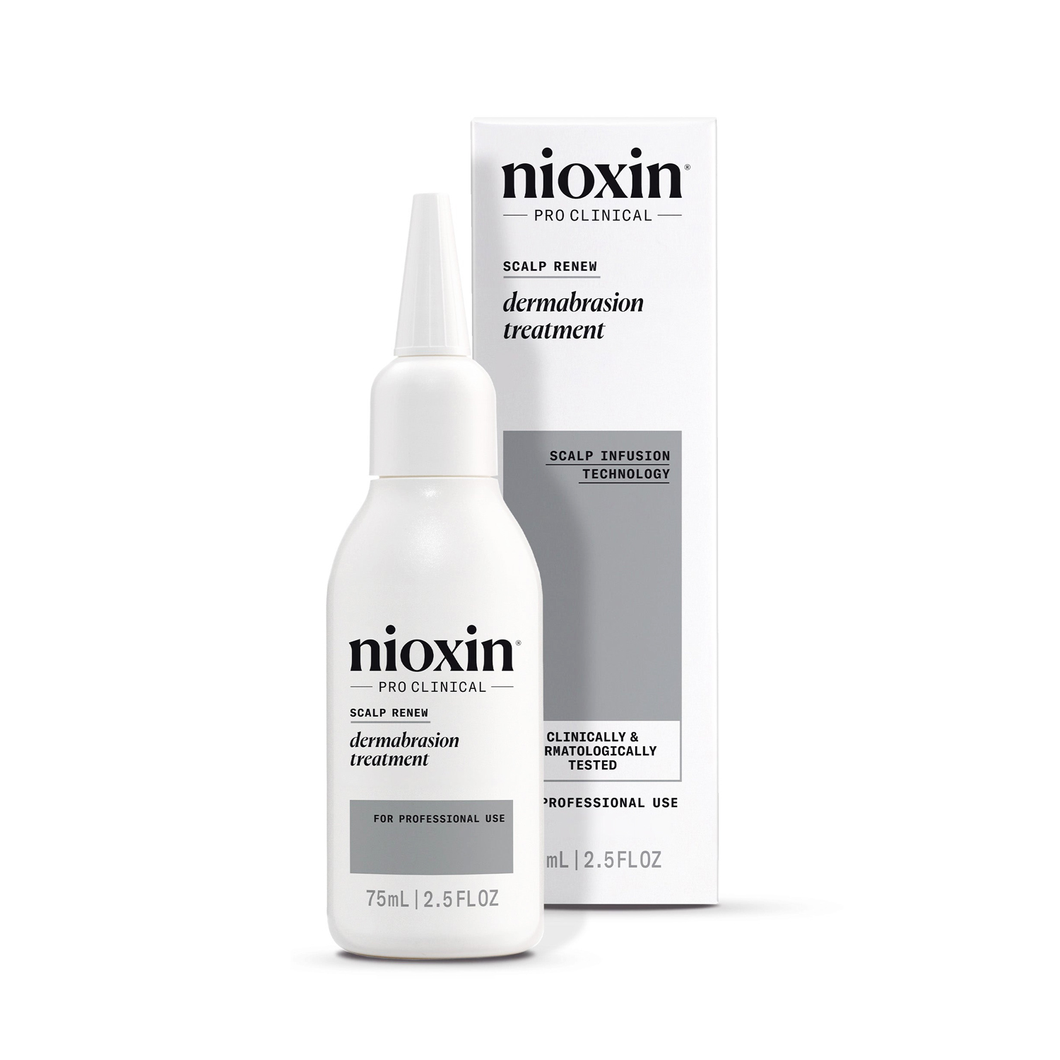 Product shot of Nioxin Pro Clinical Scalp Renew Dermabrasion Treatment 75ml 2.5 fl oz bottle and its packaging box.